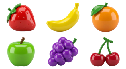 Collection of colorful cartoon fruits on a white background.