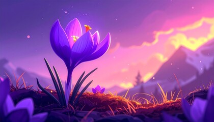 Vibrant Purple Crocus Flower in a Serene Mountain Landscape at Sunset.