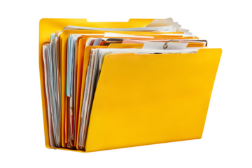 Stack of Yellow Manila Folders with Documents, Top View, Isolated on Transparent Background