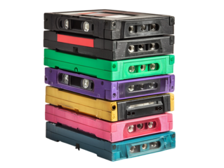Stack of colorful old VHS video cassettes, retro media, isolated on transparent background
