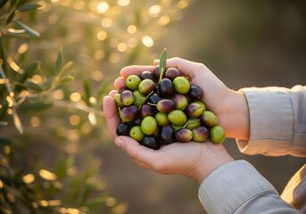 Close up of hands holding fresh green and black olives harvest in sunny olive grove garden orchard