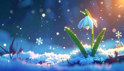 Snowdrop flower blooming in winter snow scene with falling snowflakes.