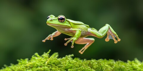 Obraz premium vibrant green frog leaps gracefully above lush moss, showcasing its agility and the beauty of nature in a serene environment.