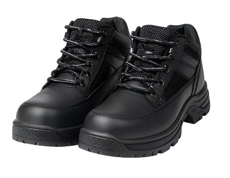 Durable black safety shoes with a steel toe, isolated on a clean white background