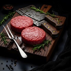 Fresh raw beef burger patties with rosemary and vintage cleaver on rustic wooden board for cooking