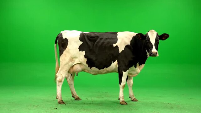 Holstein Cow Walks Past Green Screen Backdrop in Sequence for Video Production