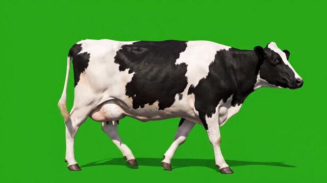 Sequential movement of Holstein dairy cows on vibrant green background with shadow details