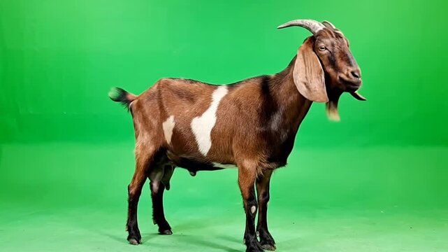 Sequence of a brown goat with white patches walking in front of a green screen capturing multiple frames for visual effect