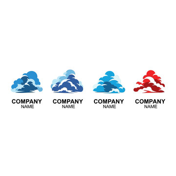 Four distinct cloud-like logo designs in varying shades of blue and red, each with a placeholder for a company name, against a clean white background.
