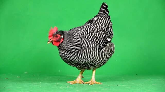 Sequential images of a chicken exploring a vibrant green background capturing different angles and postures