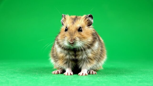 Close-up footage of a tiny hamster showing different facial expressions and movements against a vibrant green backdrop capturing