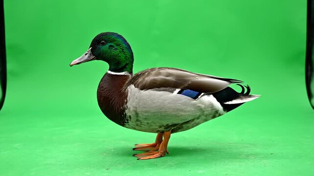 sequence of mallard ducks standing on green background with hanging objects