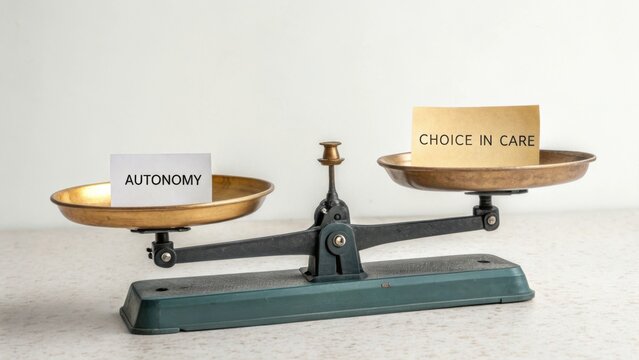 Balance between Autonomy and Choice in Care on a Traditional Scale with Gold and Green Elements
