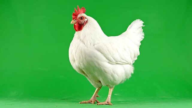 Sequential frames showcasing a white chicken with red comb on a vibrant green background