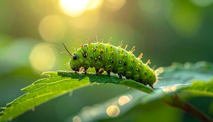 Fototapeta premium A vibrant green caterpillar, adorned with colorful spots and bristles, crawls gracefully on a lush green leaf, lit by warm sunlight