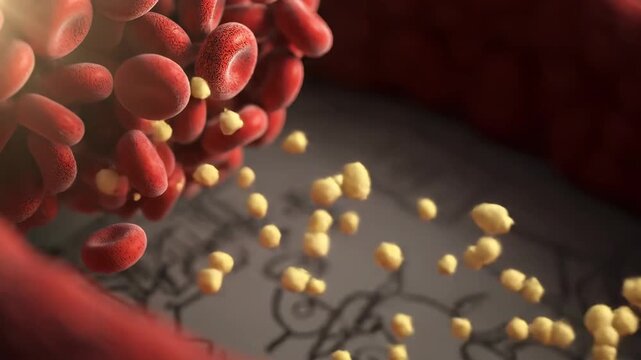 Detailed 3D animation of red blood cells and cholesterol particles moving within a human artery, depicting blood flow.