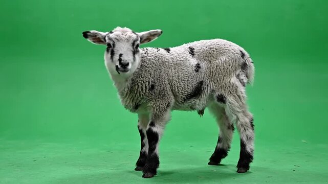 Multiple frames capturing a young lamb amidst a vibrant green background displaying its playful exploration and curious demeanor