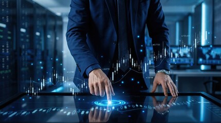 Professional in suit interacts with futuristic digital screen displaying data charts in a high tech