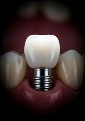 Dental Implant Model Showing Structure of Artificial Tooth Root with Crown in Human Gum Close Up
