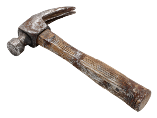 Old Rusty Claw Hammer with Wooden Handle, Isolated on Transparent Background