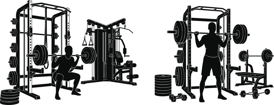 Bodybuilder silhouette set performing squats and overhead press with barbell in power rack for gym fitness and strength training concepts
