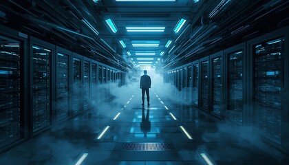 A lone figure stands in a futuristic, misty data center hallway surrounded by glowing blue server racks.