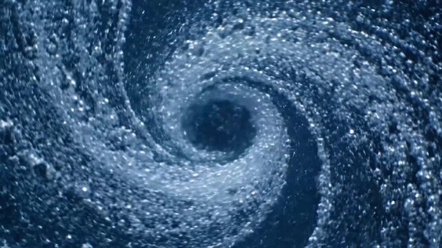 A captivating top-down view shows a powerful blue water vortex swirling with countless tiny bubbles in a dynamic motion.