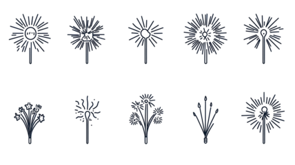 Minimalist firework designs isolated on transparent background