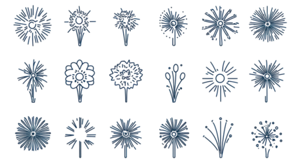 Minimalist fireworks illustrations isolated on transparent background