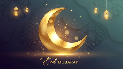 Celebrating ramadan with traditional lanterns and treats illustration. Celebrating eid with golden crescents and stars illustration