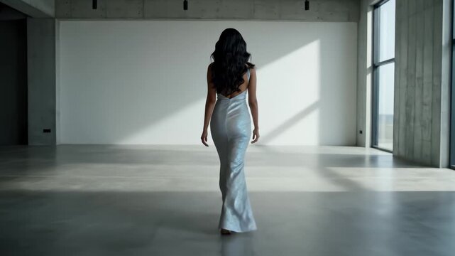 Woman in Silver Dress Walking Away in Minimalist Interior
