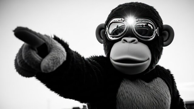 A grayscale image features a costumed monkey, pointing and wearing aviator goggles