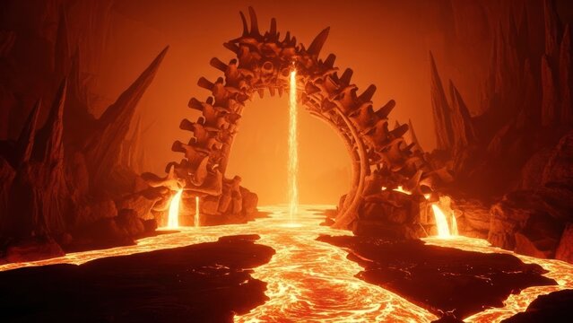 A hellscape with a skeletal archway pouring molten lava into a fiery river