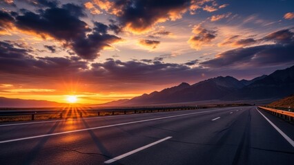 A highway stretches toward a fiery sunset over mountain range with dramatic clouds