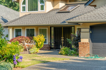 Entrance of luxury house in summer with nice landscape in Vancouver, Canada, North America. Day time on August 2025.