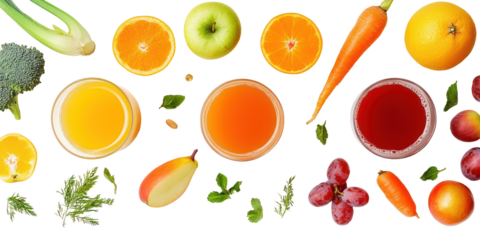 Fresh fruit and vegetable juices isolated on transparent background