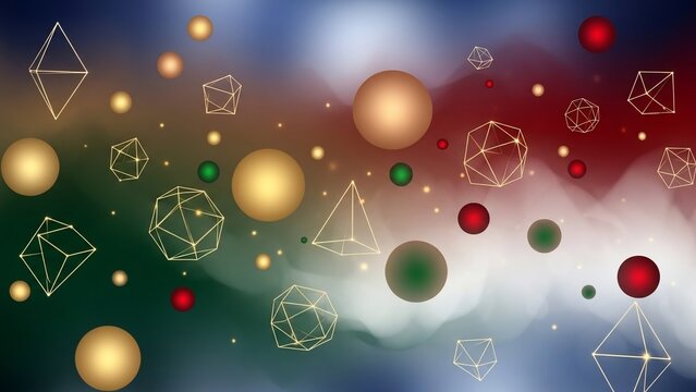 Abstract composition with golden spheres and wireframe geometric shapes against a colorful smoky background. - Powered by Adobe