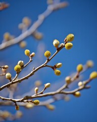 Tree Branches with Small Buds Against a Clear Blue Sky in Bright Natural Light