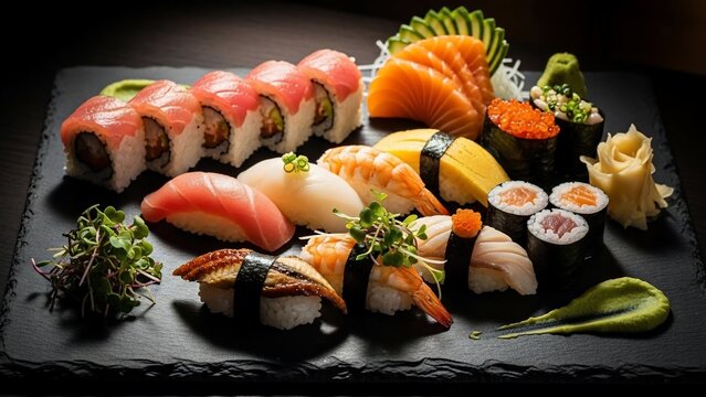A beautifully arranged platter of various sushi and sashimi, including nigiri, maki rolls, and salmon sashimi, served on a dark slate board with ginger and wasabi. - Powered by Adobe
