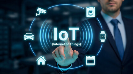 Businessman hand interacting with glowing Internet of Things hologram and connected smart devices