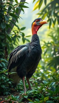 A large, stout, flightless dodo bird stands in lush island foliage, its hooked beak prominent,  unique bird,  prehistoric