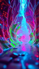 Fototapeta premium Glow-infused pigment dances, weaving kaleidoscopic dreams onto a textured future scape, low-angle shimmer reveals sculpted paint, futuristic, painting