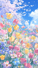 Naklejka premium 青空の下で揺れる桜と咲き誇るチューリップが印象的な春の自然風景。やさしいタッチの水彩風イラストで動画背景やブログにもぴったり