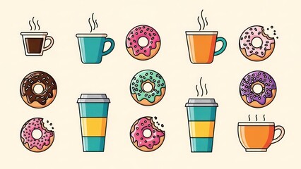 Cartoon illustration featuring coffee mugs, to-go cups, and various donuts on a beige backdrop