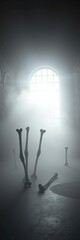 Bones emerging from ethereal fog, a stark, silent architecture,  delicate,  artistic