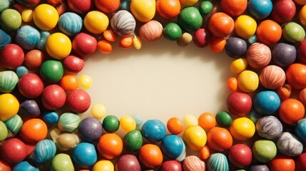 Fototapeta premium Vibrant assortment of colorful candy eggs filling the frame with a central empty space for text