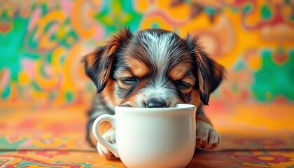 Adorable puppy sips coffee, looking sleepy and cute on a vibrant background,  happy,  rest