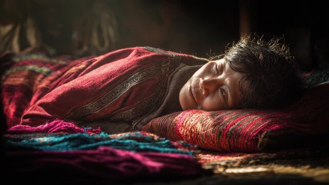 A person rests peacefully, wrapped in a blanket on a patterned cushion, illuminated by soft light