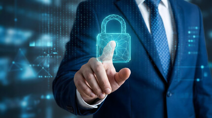 Professional touching a glowing digital padlock icon on a futuristic blue data background
