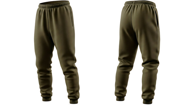 Dark green jogger pants mockup with front and back view presentation. Suitable for outdoor fashion, streetwear branding, and apparel design projects.
